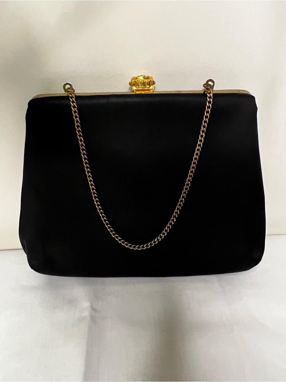 Vintage Black Satin Clutch Evening Bag with Ornate Gold Rhinestone Accents